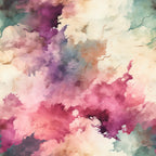 watercolor clouds, abstract swirls, pink tones, purple hues, magenta shades, cream colors, sage green, flowing patterns, dreamy atmosphere, soft blending, cotton fabric, quilting panel, artistic design, fluid motion, pastel palette, organic shapes, ethereal mood, wispy textures, gradient colors