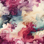 burgundy, magenta, cream, teal, dusty blue, swirling patterns, flowing design, floral motifs, abstract flowers, organic swirls, dreamy artwork, soft pastels, romantic mood,, fabric panel, seamless pattern, botanical elements, whimsical style, textile design, crafting material