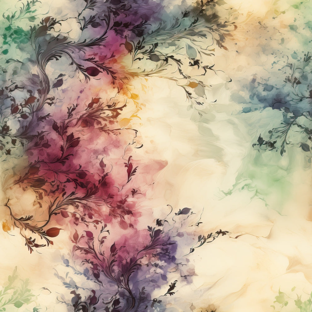 watercolor floral, purple flowers, pink blossoms, teal accents, cream background, botanical swirls, organic flowing, dreamy ethereal, soft pastels,, fabric panel, nature inspired, delicate petals, artistic blooms, whimsical garden, lavender tones, sage green, romantic florals