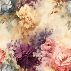 floral pattern, peonies, roses, vintage flowers, muted pastels, dusty rose, lavender purple, sage green, cream background, watercolor style, romantic blooms,, fabric panel, botanical design, soft florals, antique styling, delicate petals, garden flowers, shabby chic, feminine design