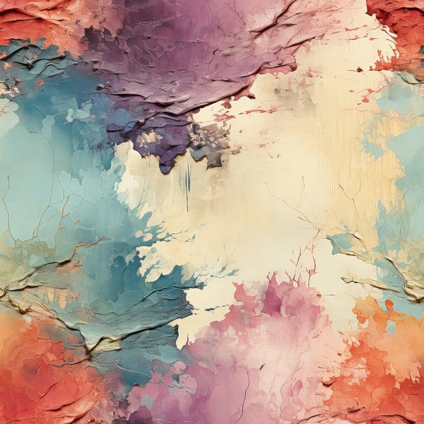 peeling paint, distressed texture, coral pink, turquoise blue, cream white, purple lavender, weathered surface, cracked paint, abstract pattern, vintage aged,, fabric panel, rustic charm, layered colors, artistic brushstrokes, bohemian style, soft pastels, textured background, painted wall effect, shabby chic