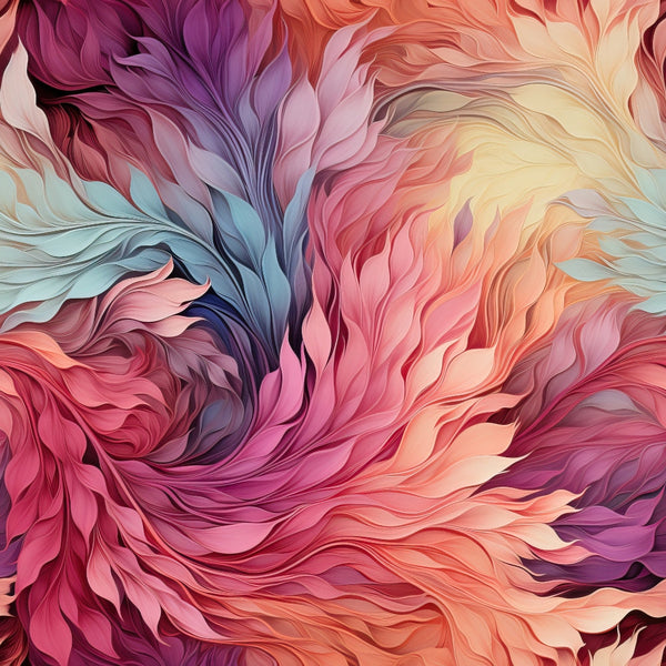 purple, magenta, coral, peach, yellow, turquoise, swirling pattern, flowing design, abstract florals, feather-like motifs, curved lines, organic shapes, gradient colors, fluid movement, artistic swirls, contemporary style,, fabric panel, vibrant hues, dynamic composition