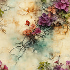 floral pattern, purple flowers, pink blooms, orange blossoms, watercolor style, botanical design, cracked texture, vine branches, soft pastels, artistic florals,, fabric panel, dreamy atmosphere, painted effect, hibiscus flowers, nature motif, delicate petals, weathered background, spring theme, romantic florals