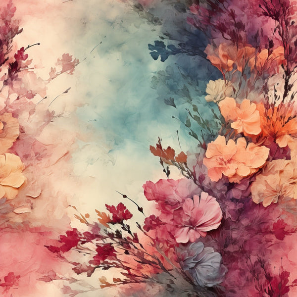 watercolor flowers, pink blossoms, coral petals, burgundy foliage, dusty blue, cream background, floral pattern, botanical design, soft pastels, romantic blooms,, fabric panel, dreamy florals, vintage style, delicate branches, spring flowers, feminine colors, artistic watercolor, cotton fabric, quilting material