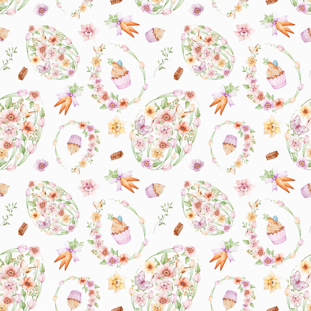 easter pattern, floral design, watercolor style, pink flowers, orange carrots, green leaves, pastel colors, spring theme, botanical motifs, seamless repeat,, fabric panel, delicate artwork, soft pastels, easter vegetables, garden elements, whimsical pattern, craft fabric, sewing material, seasonal design
