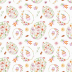 easter pattern, floral design, watercolor style, pink flowers, orange carrots, green leaves, pastel colors, spring theme, botanical motifs, seamless repeat,, fabric panel, delicate artwork, soft pastels, easter vegetables, garden elements, whimsical pattern, craft fabric, sewing material, seasonal design