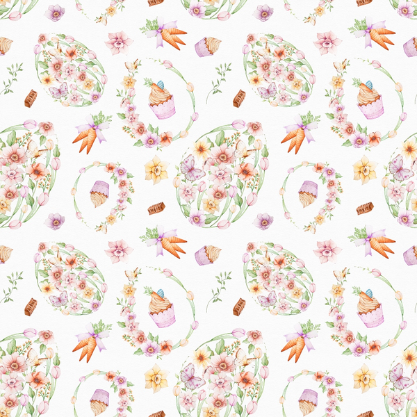 easter pattern, floral design, watercolor style, pink flowers, orange carrots, green leaves, pastel colors, spring theme, botanical motifs, seamless repeat,, fabric panel, delicate artwork, soft pastels, easter vegetables, garden elements, whimsical pattern, craft fabric, sewing material, seasonal design