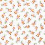 orange carrots, purple ribbons, green carrot tops, white background, easter theme, spring vegetables, repeating pattern, watercolor style,, fabric panel, botanical elements, festive design, pastel colors, whimsical illustration, easter bunny food, garden vegetables, tied carrots, seasonal motif, craft fabric, cotton material