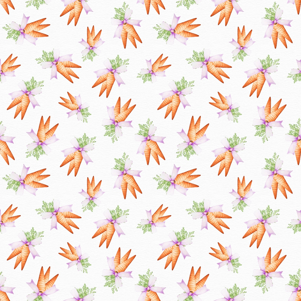orange carrots, purple ribbons, green carrot tops, white background, easter theme, spring vegetables, repeating pattern, watercolor style,, fabric panel, botanical elements, festive design, pastel colors, whimsical illustration, easter bunny food, garden vegetables, tied carrots, seasonal motif, craft fabric, cotton material