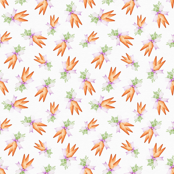 orange carrots, purple ribbons, green carrot tops, white background, easter theme, spring vegetables, repeating pattern, watercolor style,, fabric panel, botanical elements, festive design, pastel colors, whimsical illustration, easter bunny food, garden vegetables, tied carrots, seasonal motif, craft fabric, cotton material