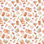 easter bunnies, chocolate bars, wicker baskets, carrots, easter eggs, cupcakes, watercolor style, pastel colors, brown tones, orange accents, purple details, seamless pattern, repeating motif, spring theme, whimsical illustration,, fabric panel, holiday design, festive pattern, sweet treats