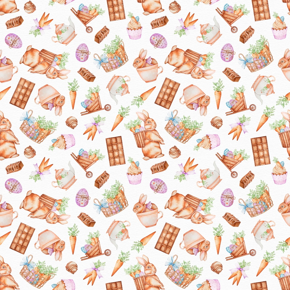 easter bunnies, chocolate bars, wicker baskets, carrots, easter eggs, cupcakes, watercolor style, pastel colors, brown tones, orange accents, purple details, seamless pattern, repeating motif, spring theme, whimsical illustration,, fabric panel, holiday design, festive pattern, sweet treats