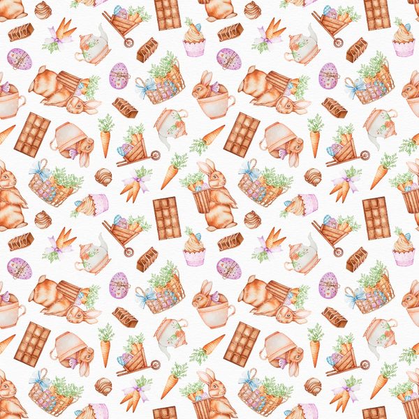 easter bunnies, chocolate bars, wicker baskets, carrots, easter eggs, cupcakes, watercolor style, pastel colors, brown tones, orange accents, purple details, seamless pattern, repeating motif, spring theme, whimsical illustration,, fabric panel, holiday design, festive pattern, sweet treats
