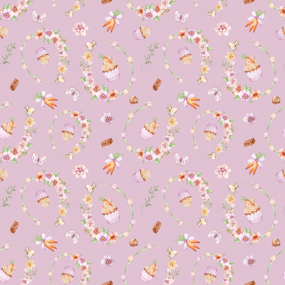 lavender purple, pastel pink, soft yellow, orange carrots, floral wreaths, easter eggs, butterflies, spring flowers, seamless pattern, repeating motifs, whimsical style, seasonal design,, fabric panel, easter theme, botanical elements, delicate florals, cottage core aesthetic, spring celebration, coordinating colors