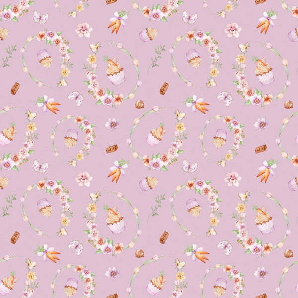 lavender purple, pastel pink, soft yellow, orange carrots, floral wreaths, easter eggs, butterflies, spring flowers, seamless pattern, repeating motifs, whimsical style, seasonal design,, fabric panel, easter theme, botanical elements, delicate florals, cottage core aesthetic, spring celebration, coordinating colors