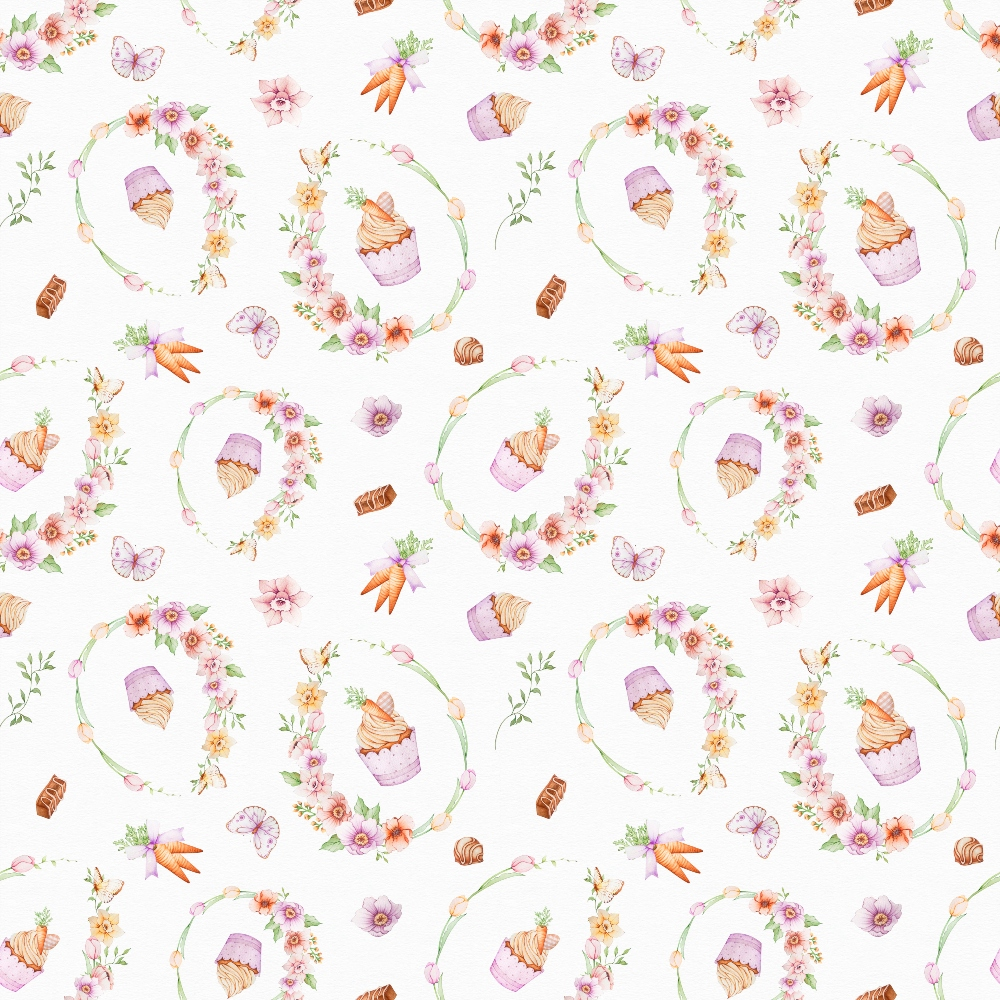easter pattern, floral wreaths, watercolor style, pastel colors, pink flowers, purple butterflies, orange carrots, chocolate bars, easter eggs, bunny ears, spring flowers,, fabric panel, whimsical design, soft pastels, repeating pattern, easter theme, botanical elements, delicate artwork, cottagecore aesthetic