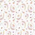 easter pattern, floral wreaths, watercolor style, pastel colors, pink flowers, purple butterflies, orange carrots, chocolate bars, easter eggs, bunny ears, spring flowers,, fabric panel, whimsical design, soft pastels, repeating pattern, easter theme, botanical elements, delicate artwork, cottagecore aesthetic
