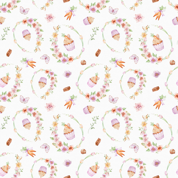 easter pattern, floral wreaths, watercolor style, pastel colors, pink flowers, purple butterflies, orange carrots, chocolate bars, easter eggs, bunny ears, spring flowers,, fabric panel, whimsical design, soft pastels, repeating pattern, easter theme, botanical elements, delicate artwork, cottagecore aesthetic