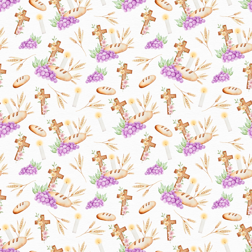 purple grapes, wooden crosses, white candles, wheat stalks, bread loaves, religious symbols, communion elements, watercolor style, repeating pattern,, fabric panel, easter theme, christian motifs, soft pastels, brown wood, golden wheat, liturgical design, sacred symbols, floral accents