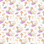 purple grapes, wooden crosses, white candles, wheat stalks, bread loaves, religious symbols, communion elements, watercolor style, repeating pattern,, fabric panel, easter theme, christian motifs, soft pastels, brown wood, golden wheat, liturgical design, sacred symbols, floral accents