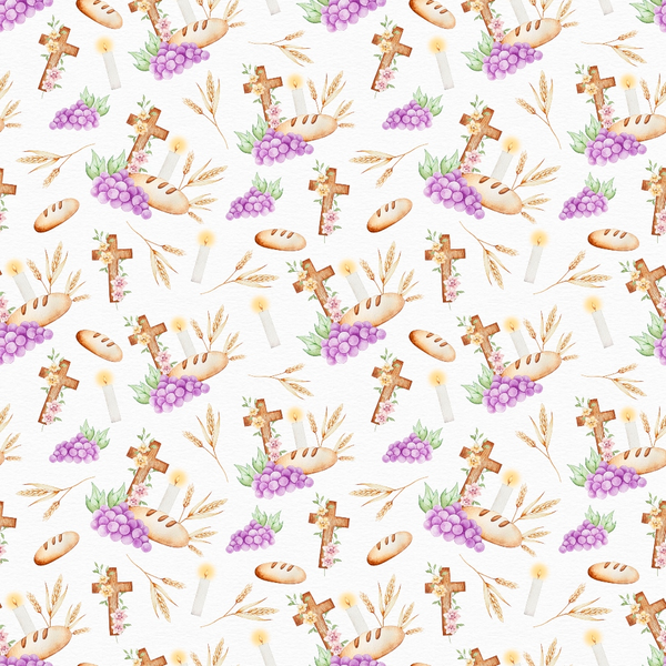 purple grapes, wooden crosses, white candles, wheat stalks, bread loaves, religious symbols, communion elements, watercolor style, repeating pattern,, fabric panel, easter theme, christian motifs, soft pastels, brown wood, golden wheat, liturgical design, sacred symbols, floral accents