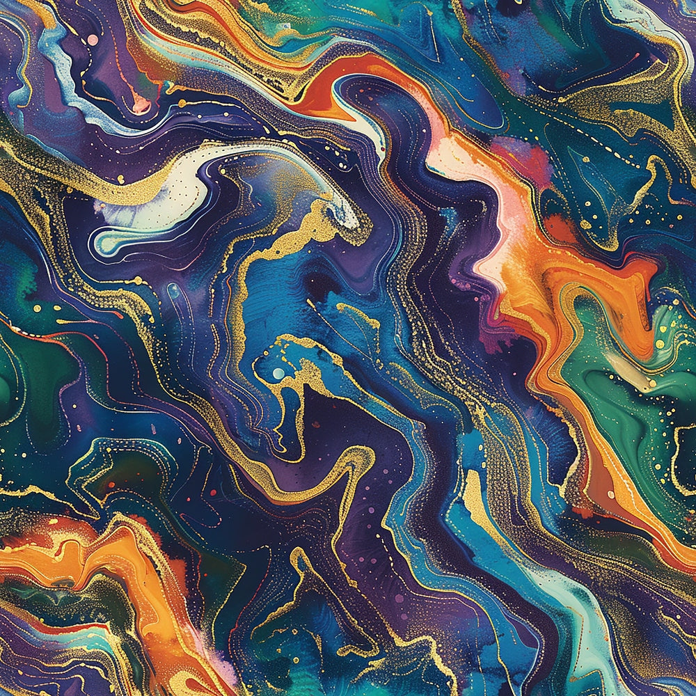 fluid art, marbled pattern, swirling design, deep purple, navy blue, teal, orange, gold accents, abstract waves, flowing lines, cosmic colors,, fabric panel, modern art, liquid marble, psychedelic swirls, jewel tones, artistic print, contemporary design, flowing movement
