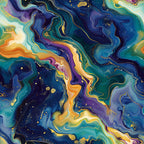 fluid art, marbled pattern, abstract swirls, navy blue, teal, turquoise, golden yellow, orange, purple, cosmic design, galaxy pattern, flowing lines, contemporary art, modern abstract,, fabric panel, celestial theme, liquid marble, organic curves, artistic swirls