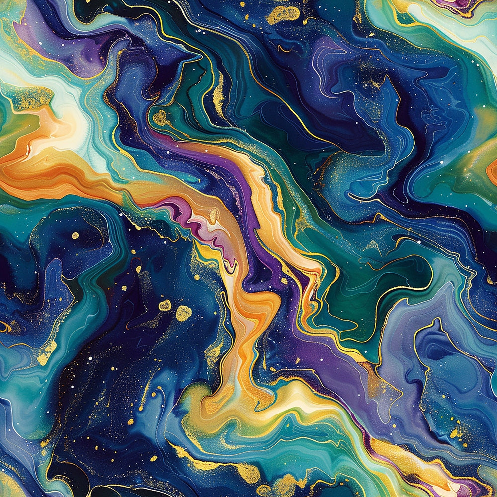 fluid art, marbled pattern, abstract swirls, navy blue, teal, turquoise, golden yellow, orange, purple, cosmic design, galaxy pattern, flowing lines, contemporary art, modern abstract,, fabric panel, celestial theme, liquid marble, organic curves, artistic swirls