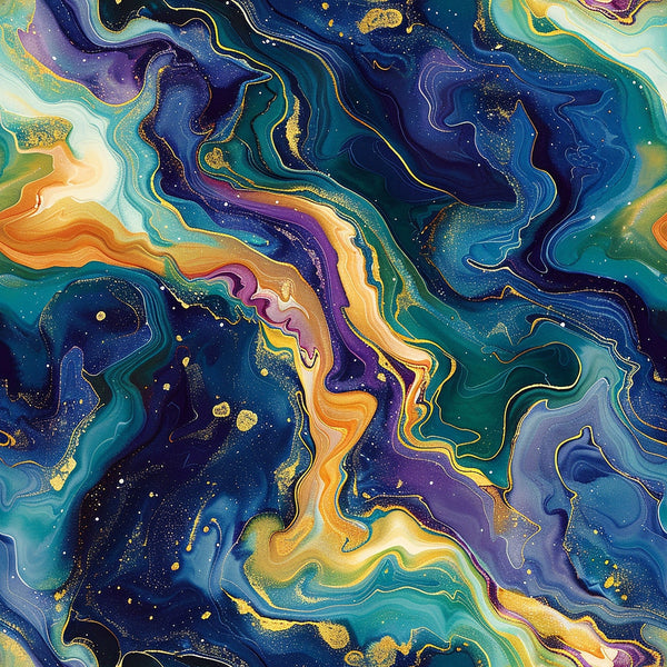fluid art, marbled pattern, abstract swirls, navy blue, teal, turquoise, golden yellow, orange, purple, cosmic design, galaxy pattern, flowing lines, contemporary art, modern abstract,, fabric panel, celestial theme, liquid marble, organic curves, artistic swirls