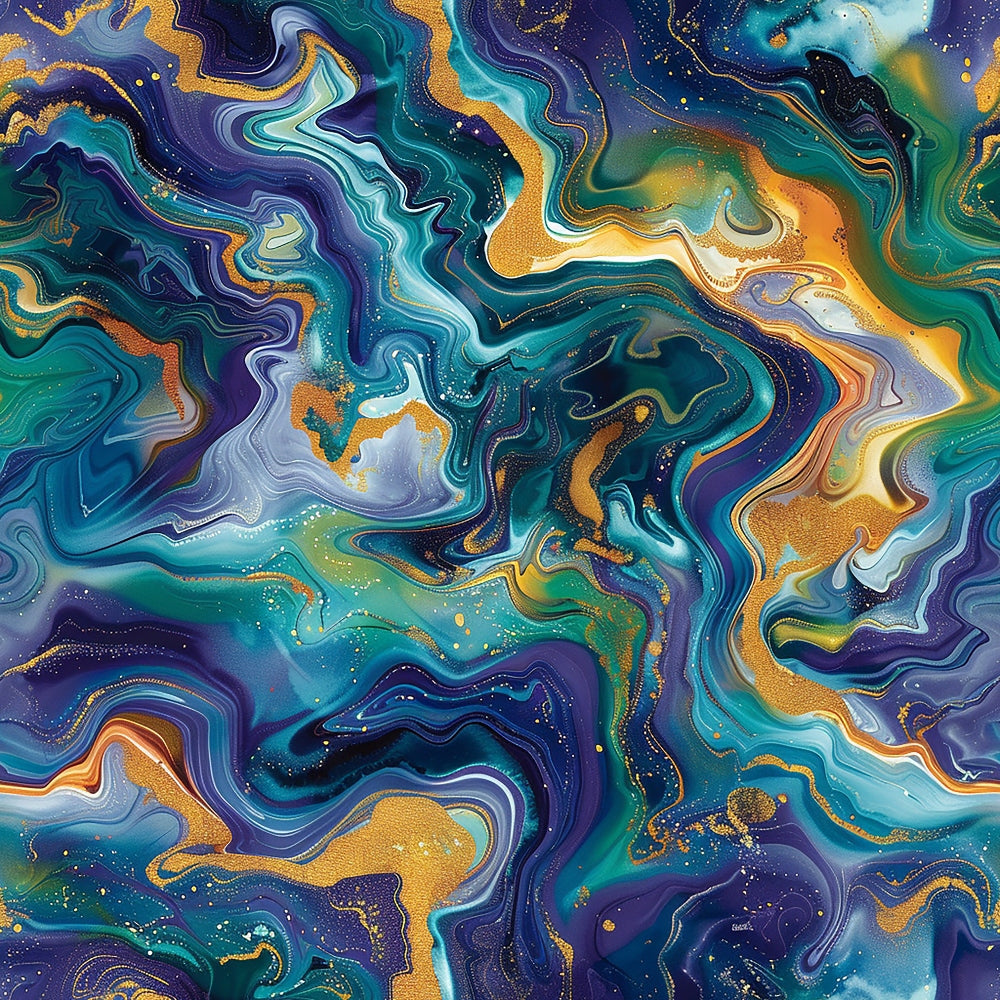 fluid art, marbled pattern, abstract swirls, navy blue, teal, turquoise, golden orange, purple, flowing design, liquid marble, contemporary style, organic shapes, wavy lines, modern abstract,, fabric panel, artistic print, dynamic movement, cosmic colors, jewel tones
