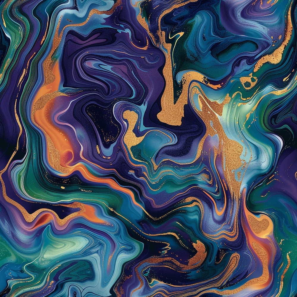 fluid art, marbled pattern, swirling design, deep purple, teal blue, golden accents, orange highlights, emerald green, abstract waves, liquid motion, flowing lines, contemporary style, modern art,, fabric panel, iridescent effect, cosmic swirls, jewel tones, artistic pattern, luxurious appearance