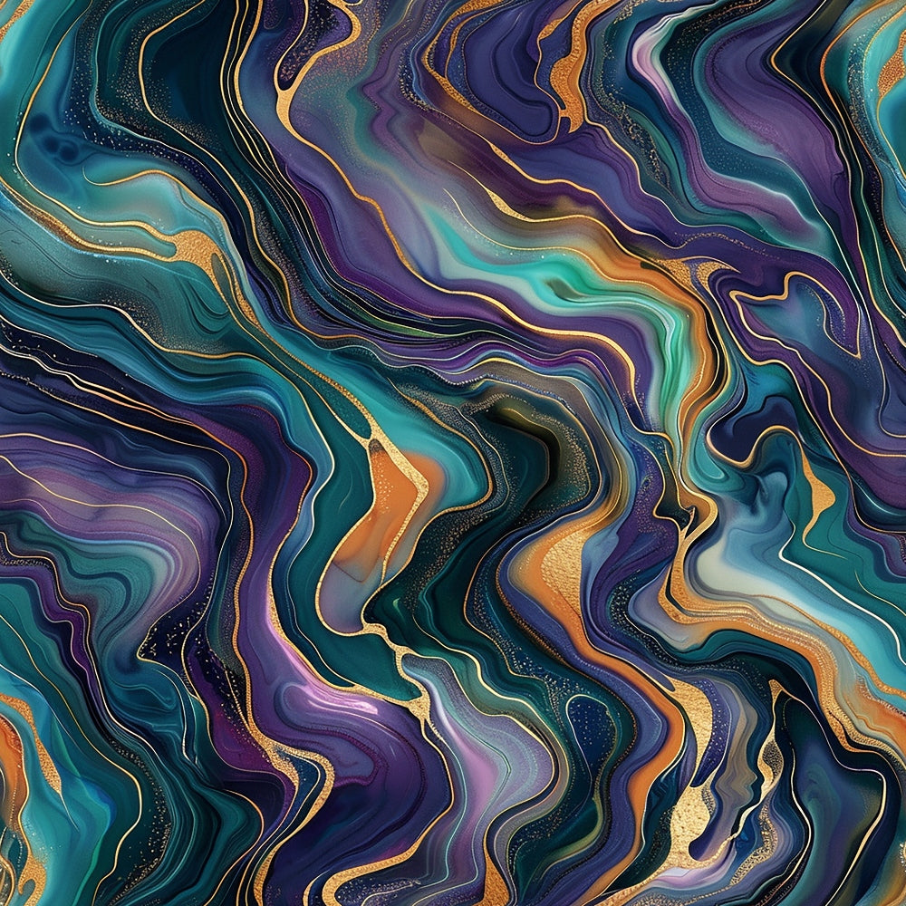 fluid art, marbled pattern, swirling design, teal, purple, navy blue, gold accents, orange, turquoise, abstract waves, flowing lines, liquid marble, modern art, contemporary style,, fabric panel, luxury colors, iridescent effect, organic shapes, artistic swirls