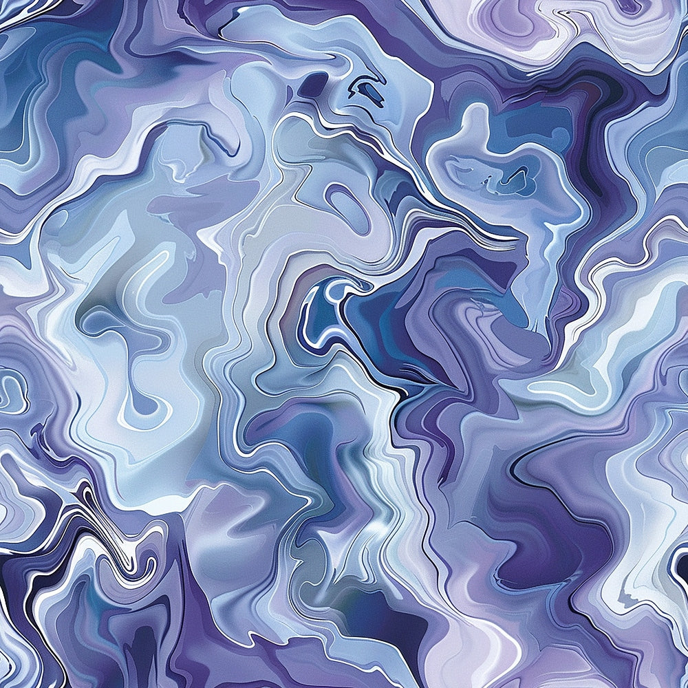 fluid pattern, marbled design, swirling motifs, purple fabric, lavender tones, blue hues, periwinkle shades, white swirls, abstract art, liquid marble, flowing lines, organic shapes,, fabric panel, modern design, contemporary style, dreamy aesthetic, watercolor effect, artistic print, craft material