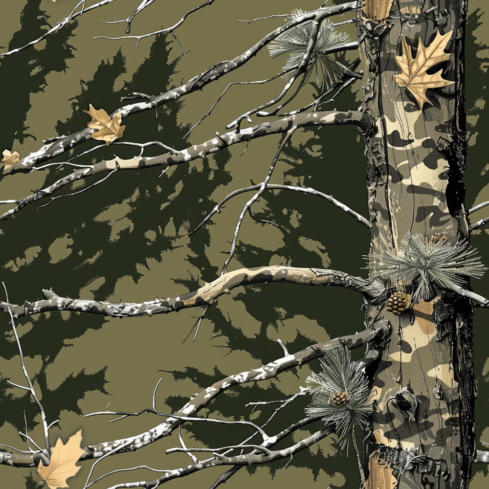 olive green, brown, beige, tan, camouflage pattern, tree branches, pine cones, autumn leaves, woodland scene, forest motif, nature design, outdoor theme, hunting camouflage, realistic tree bark,, fabric panel, earth tones, natural colors, wildlife habitat