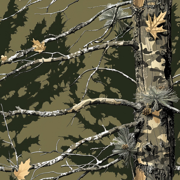 olive green, brown, beige, tan, camouflage pattern, tree branches, pine cones, autumn leaves, woodland scene, forest motif, nature design, outdoor theme, hunting camouflage, realistic tree bark,, fabric panel, earth tones, natural colors, wildlife habitat