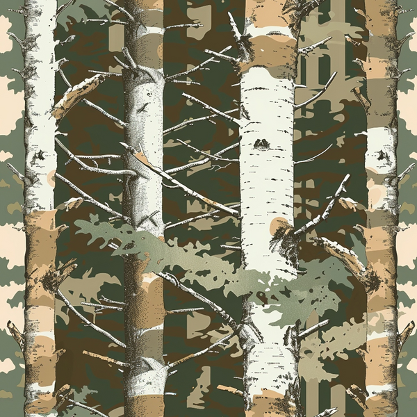 forest camouflage, birch trees, white bark, olive green, sage green, tan brown, beige, military pattern, woodland scene, tree branches, nature motif,, fabric panel, outdoor theme, hunting pattern, tactical design, earth tones, forest floor, camouflage print, natural textures