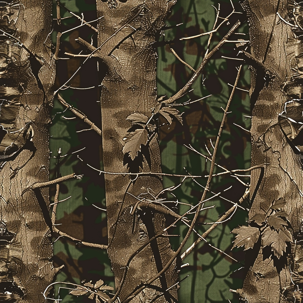 forest camouflage, hunting camo, woodland pattern, brown tones, green shades, tan colors, bare branches, twigs, leaves, nature motif, outdoor theme,, fabric panel, realistic design, earth tones, camouflage print, hunting theme, woodland scene, natural elements, muted colors