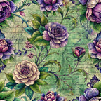 purple roses, vintage floral, green background, botanical design, ornate flowers, lavender blooms, sage green, mauve petals, decorative leaves, flowing vines, romantic florals,, fabric panel, watercolor style, elegant pattern, rose motif, garden flowers, soft pastels, detailed petals, ornamental design