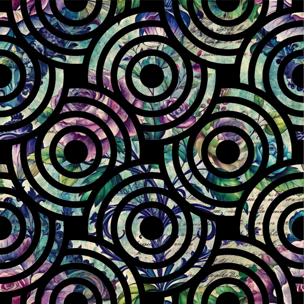iridescent purple, teal blue, mint green, peacock colors, concentric circles, geometric pattern, abstract design, psychedelic style, holographic effect, rainbow shimmer, circular motifs, retro vibes, mesmerizing pattern,, fabric panel, vibrant hues, optical illusion, modern abstract, swirling circles