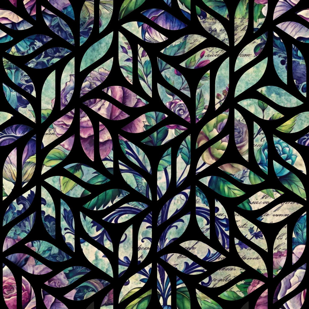 '- Forest Memories Pattern 25 Fabric - floral - leaves - abstract - nature-inspired - multicolor - purple - green - cream - blue - cotton - quilting - textile - yardage