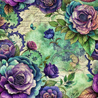 purple roses, blue roses, green background, vintage floral, ornate scrollwork, layered petals, botanical leaves, watercolor style,, fabric panel, jewel tones, romantic florals, decorative flourishes, nature motif, rich purples, forest green, artistic blooms, detailed roses, flowing vines, cottage garden