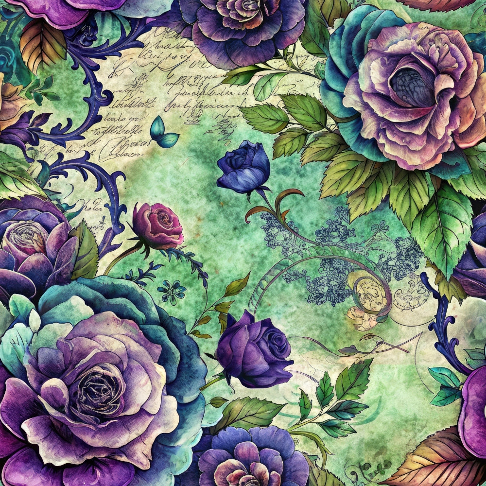 purple roses, blue roses, green background, vintage floral, ornate scrollwork, layered petals, botanical leaves, watercolor style,, fabric panel, jewel tones, romantic florals, decorative flourishes, nature motif, rich purples, forest green, artistic blooms, detailed roses, flowing vines, cottage garden