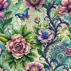 emerald green, purple flowers, vintage botanical, watercolor style, ornate scrollwork, blue butterfly, rose blooms, decorative flourishes,, fabric panel, botanical garden, floral motifs, teal accents, pink petals, nature inspired, artistic florals, cotton fabric, whimsical design, garden theme