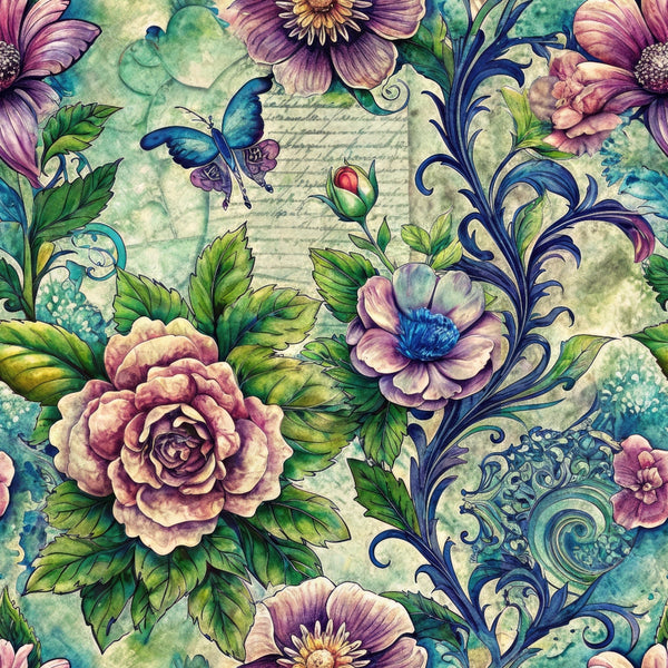 emerald green, purple flowers, vintage botanical, watercolor style, ornate scrollwork, blue butterfly, rose blooms, decorative flourishes,, fabric panel, botanical garden, floral motifs, teal accents, pink petals, nature inspired, artistic florals, cotton fabric, whimsical design, garden theme
