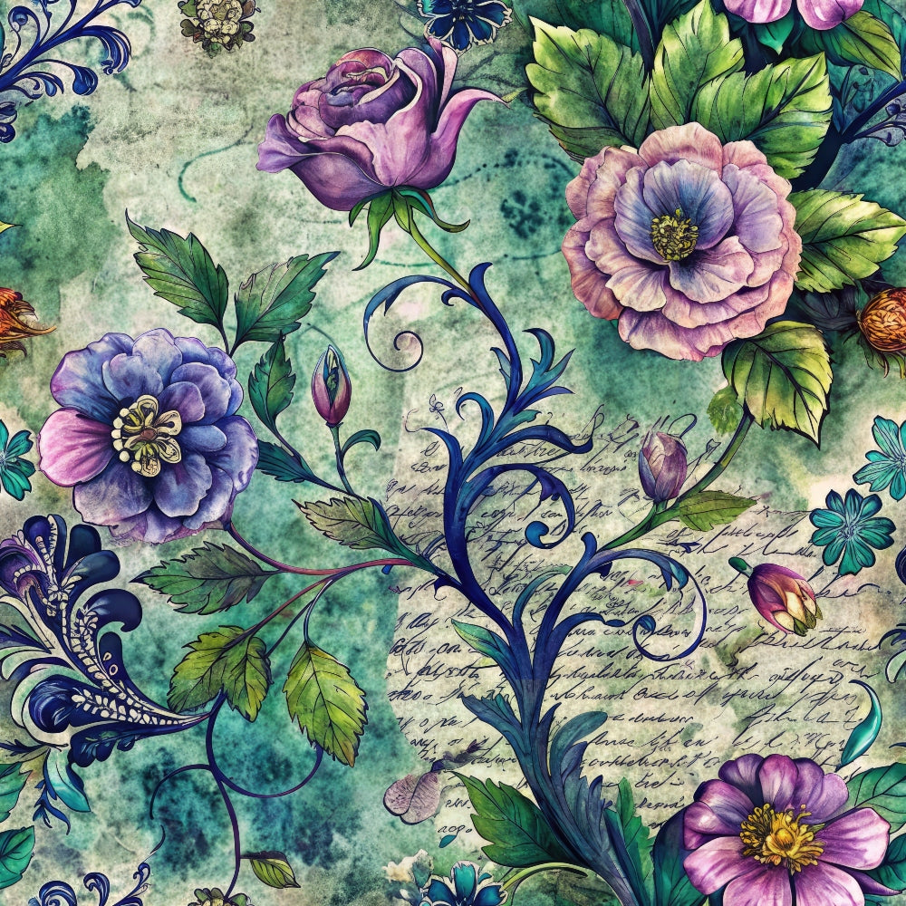purple flowers, green leaves, vintage roses, botanical design, watercolor style, floral pattern,, fabric panel, lavender blooms, sage green, ornate scrollwork, decorative flourishes, garden flowers, romantic florals, soft pastels, nature motifs, cottage garden, detailed petals, flowing vines, artistic watercolor
