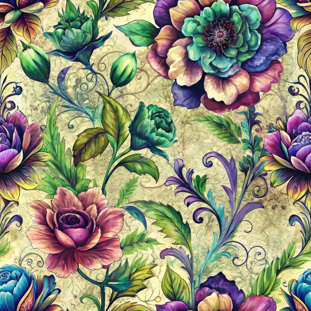 floral pattern, vintage flowers, purple blooms, green leaves, teal accents, ornate scrollwork, botanical design, decorative flourishes, multi-colored petals,, fabric panel, intricate details, jewel tones, layered flowers, swirling vines, artistic rendering, textured background, nature motifs, craft fabric