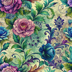 teal, purple, green, cream, vintage floral, roses, ornate scrollwork, decorative flourishes, botanical elements, layered petals, antique style, romantic flowers,, fabric panel, watercolor effect, elegant blooms, victorian inspired, flowing vines, textile design, crafting material