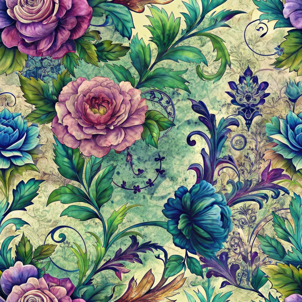 teal, purple, green, cream, vintage floral, roses, ornate scrollwork, decorative flourishes, botanical elements, layered petals, antique style, romantic flowers,, fabric panel, watercolor effect, elegant blooms, victorian inspired, flowing vines, textile design, crafting material