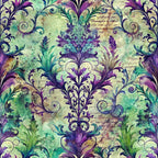 purple, green, teal, cream, beige, damask pattern, ornate scrollwork, floral motifs, baroque design, vintage style, watercolor texture, elegant flourishes, decorative swirls, cotton fabric, quilting panel, intricate details, jewel tones, botanical elements, artistic pattern, luxurious appearance