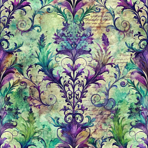 purple, green, teal, cream, beige, damask pattern, ornate scrollwork, floral motifs, baroque design, vintage style, watercolor texture, elegant flourishes, decorative swirls, cotton fabric, quilting panel, intricate details, jewel tones, botanical elements, artistic pattern, luxurious appearance
